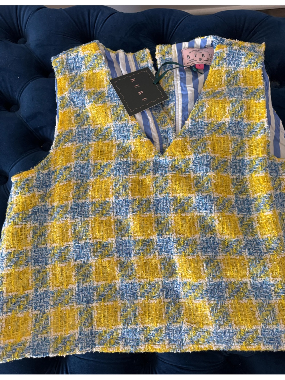 Buru Sleeveless V Mod CroppedTweed Top in Yellow and Light Blue